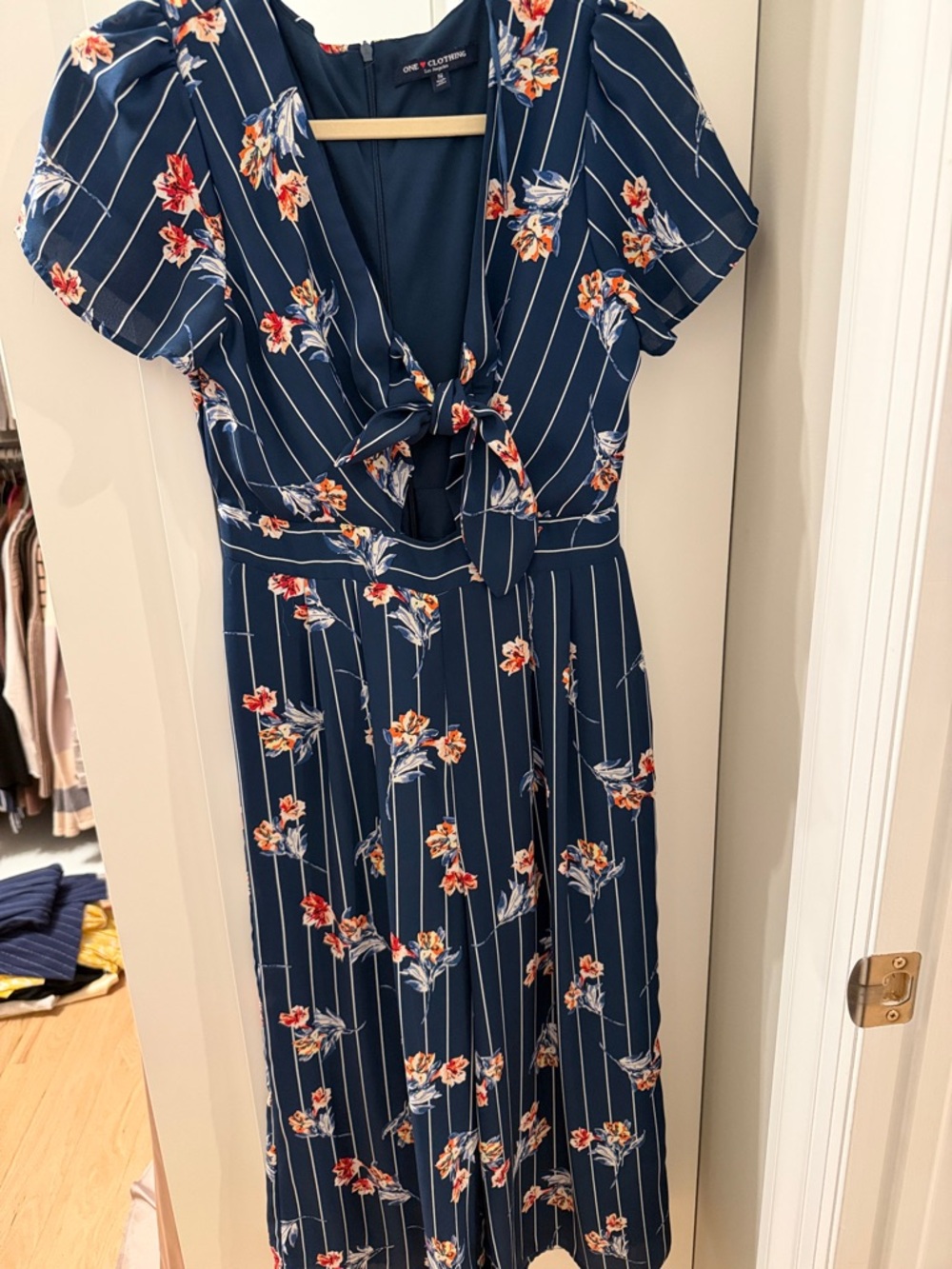 one clothing Navy Floral Tie-Front Midi Dress with Puff Sleeves